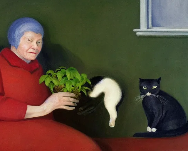 Image similar to detailed portrait of an old lady and her plant cat, Edward Hopper, sharp high quality