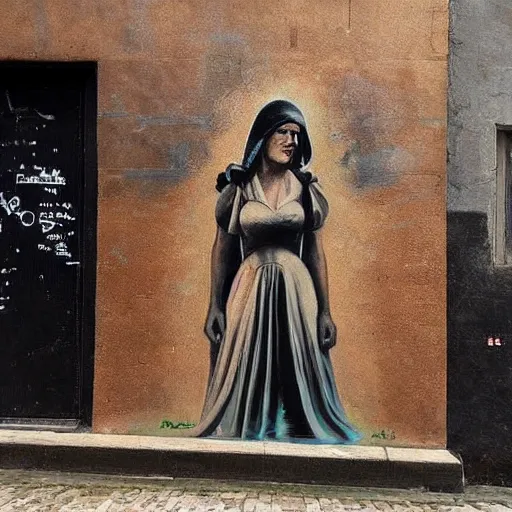 Image similar to This street art was painted in 1937 during the Guerra Civil Española. The woman in the street art is weeping. She is wearing a black dress and a black veil. Her face is distorted by grief. The street art is dark and somber. dutch golden age, Baroque by Marc Simonetti playful