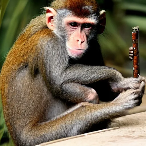 Image similar to a national geographic award winning photograph of a monkey smoking a joint