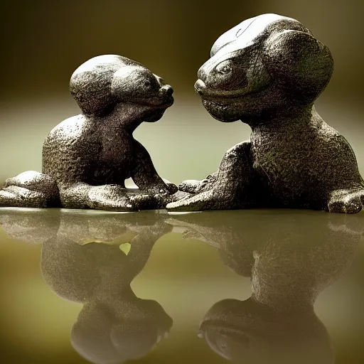 Image similar to toad philosopher The Thinker, swamp, sculpture by Auguste Rodin, hyperrealism, symmetric, by Irving Penn, bokeh top cinematic lighting , cinematic mood, very detailed, shot in canon