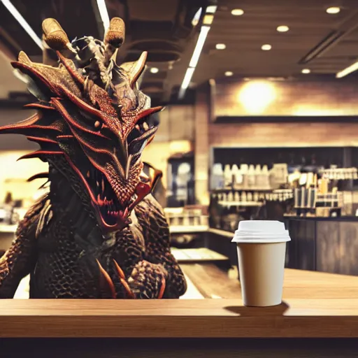 Image similar to a dragon getting coffee at starbucks. realistic high resolution color photo 2 0 2 2