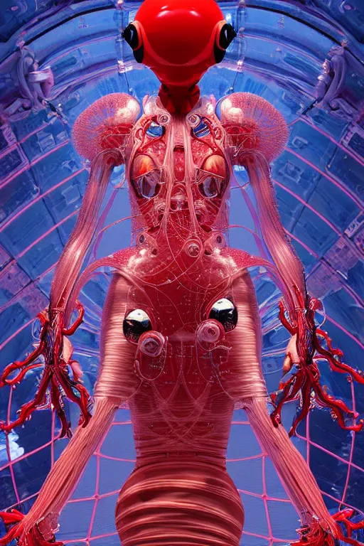 Image similar to background space station, red baroque inflateble dress iris van herpen positing on floor, helmet instead of a head, perfect symmetrical, full body shot, inflateble shapes, wires, tubes, veins, jellyfish, white biomechanical details, wearing epic bionic implants, masterpiece, intricate, biopunk, vogue, highly detailed, artstation, concept art