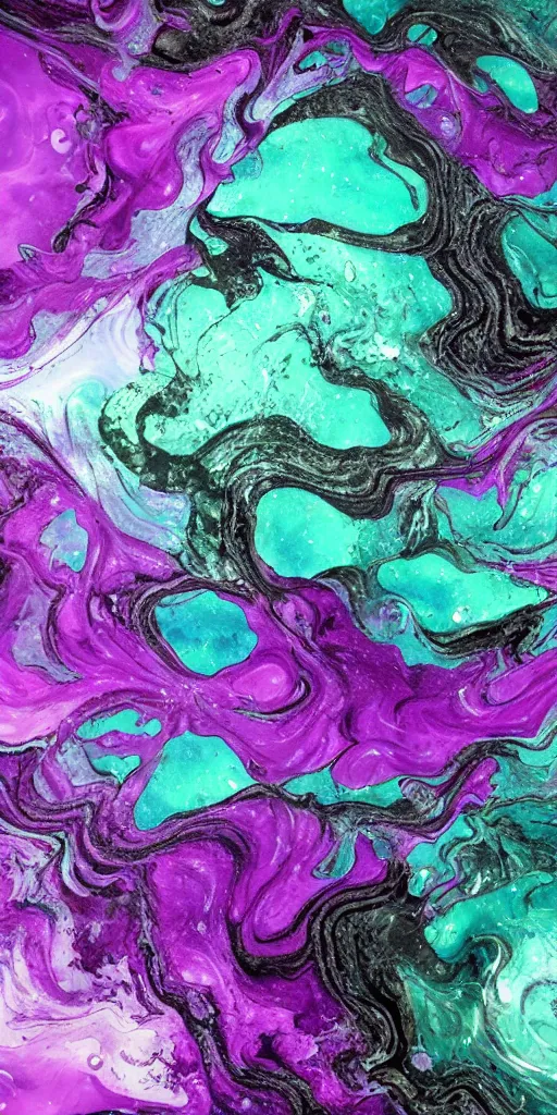 Image similar to beautiful liquid marble texture with big oil bubbles. harmonic chromatic black tones coloured abstraction with purple splashes. ultradetailed realistic art