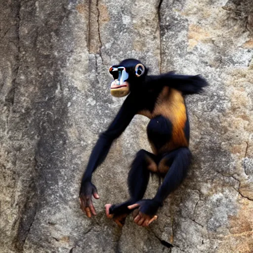 Prompt: a cartoon of a chimp holding on to a cliff edge by one arm