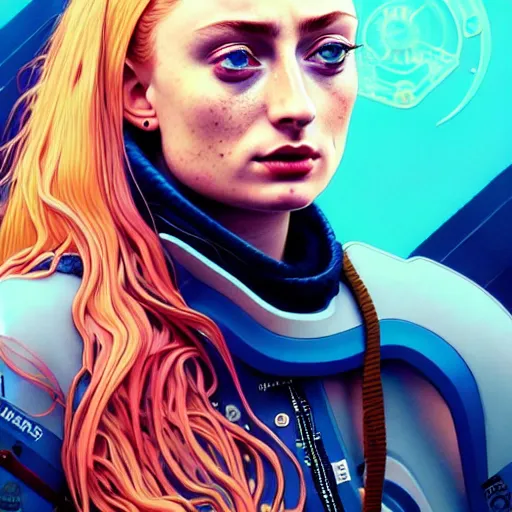 Prompt: high quality high detail portrait of a sophie turner as diesel punk character in an futuristic world, techwear, tristan eaton, victo ngai, artgerm, rhads, ross draws, hyperrealism, intricate detailed, alphonse mucha, pastel colors, vintage, artstation