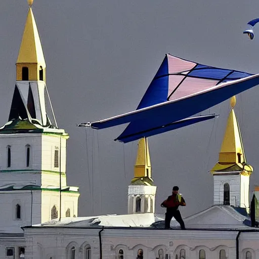 Image similar to Valery Leontiev flies a hang glider past the Kremlin