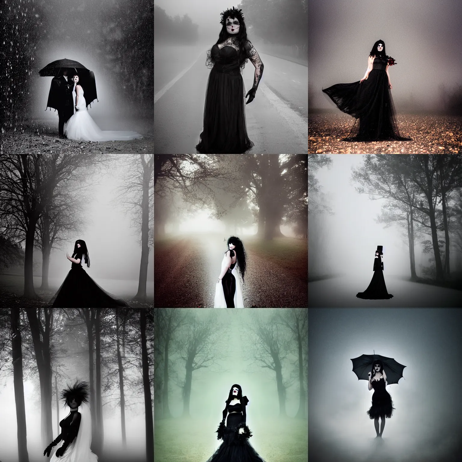 Prompt: buxom goth girl, dressed in black bridal gown, standing under streelight in fog and rain, digital photography