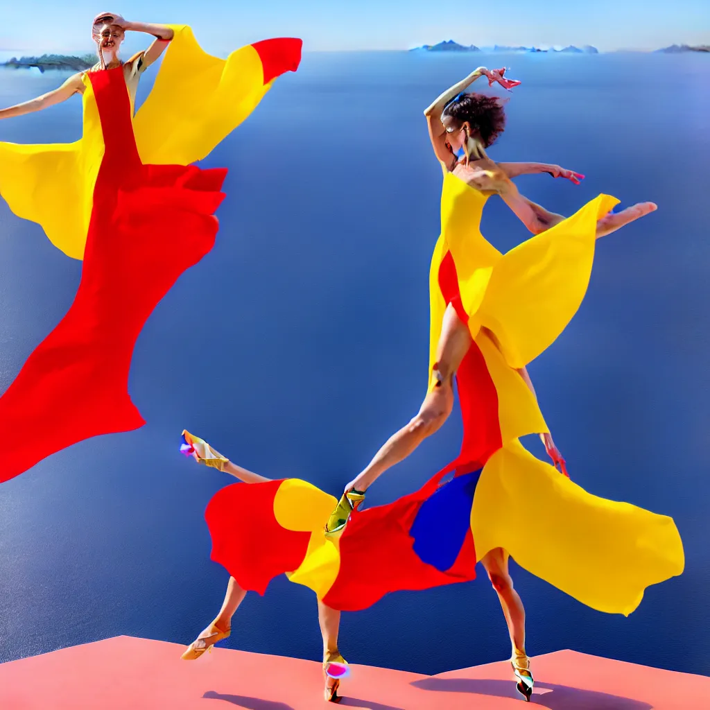 Prompt: beautiful modern dancer wearing a red and yellow and blue swirling dress, standing on a Santorini terrace looking at the ocean, cinematic, hyperrealistic, octane render, dynamic lighting