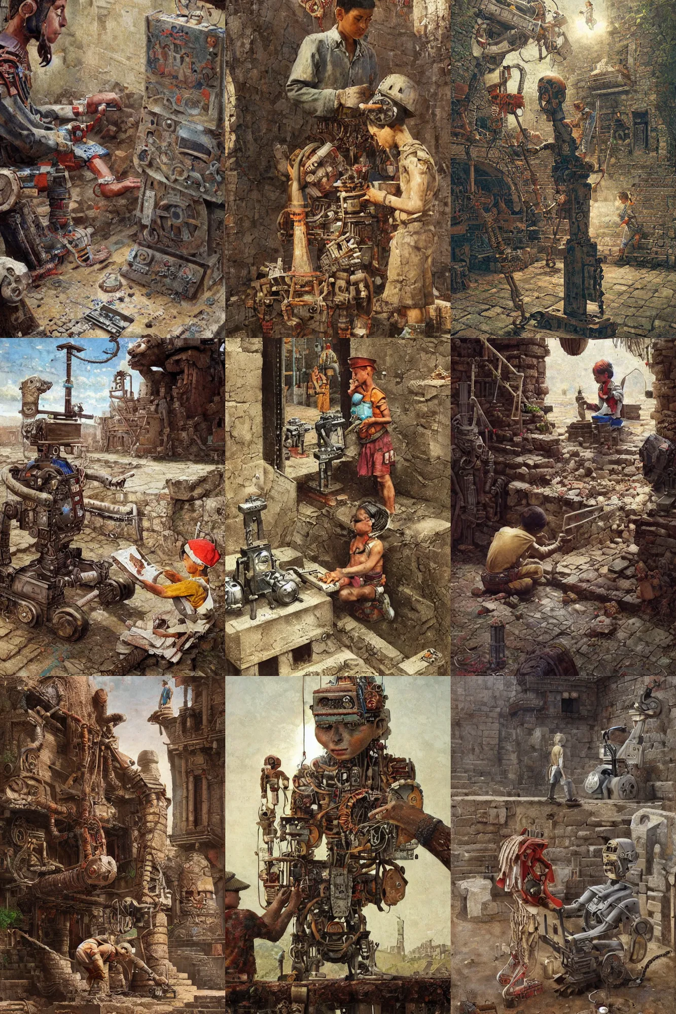 Prompt: an ancient Aztec!!! boy fixing his Aztec!! robot!, part by Norman Rockwell, part by Greg Rutkowski , part by Mattias Adolfsson, volumetric lighting!!, oil on canvas