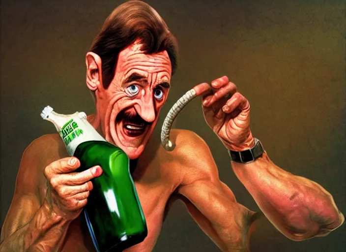 Image similar to barry chuckle chugging a bottle of snake oil, artwork by richard corben, 3 d, high resolution 8 k