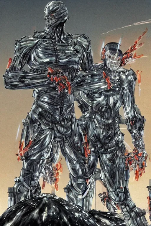 Image similar to god arc soldiers in crynet nanosuit with biological muscle augmentation, at dusk, a color illustration by tsutomu nihei, tetsuo hara and katsuhiro otomo