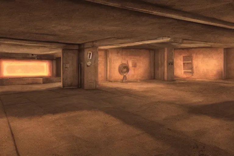 Image similar to very realistic detailed matte painting of a small civilian bunker, neon lighting