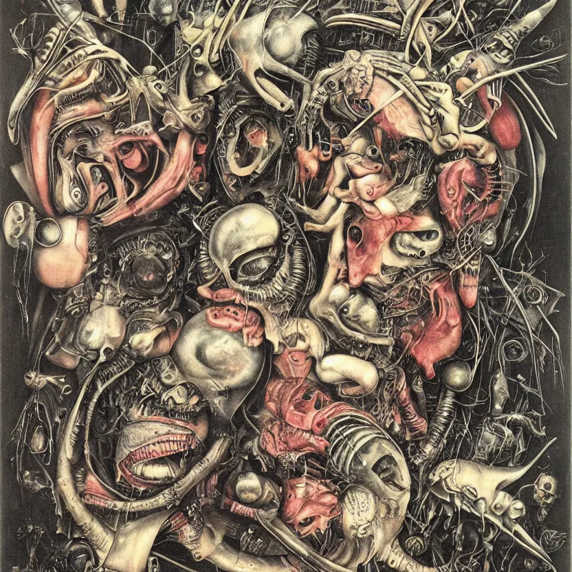 Image similar to post - punk new age album cover, asymmetrical design, alien, magic, apocalypse, psychedelic, highly detailed, black white pink, magic, giger h. r., giuseppe arcimboldo