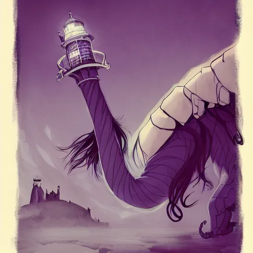 Prompt: abigail larson, don bluth, artgerm, joshua middleton, purple color pallete, welcome to night vale, lighthouse in the desert, giant centipede, spooky strange weird quirky, cartoon, 2 d, chiral lighting