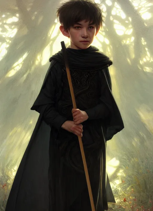 Image similar to perfectly - centered - portrait of a kid wearing black cloak holding stick, intricate, highly detailed, digital painting, artstation, concept art, smooth, sharp focus, illustration, unreal engine 5, 8 k, art by artgerm and greg rutkowski and alphonse mucha and sam spratt