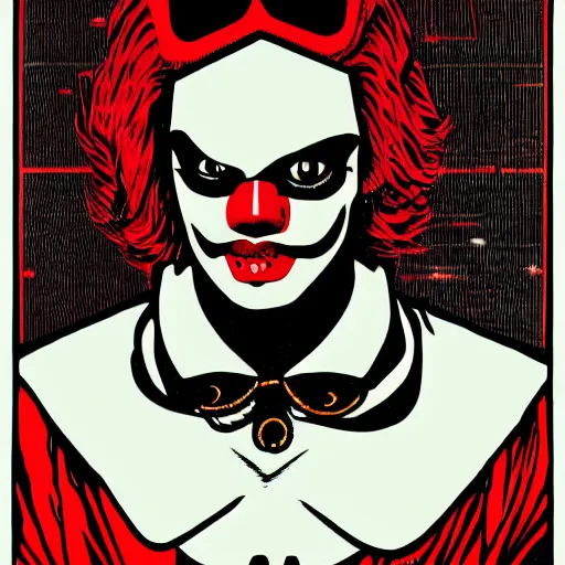 Image similar to Illustrated by Shepard Fairey and H.R. Geiger | Cyberpunk Clown Vampire with VR helmet, surrounded by cables