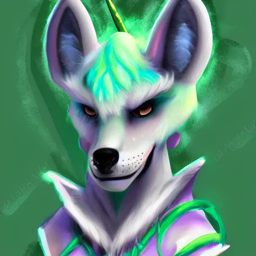 Image similar to Beautiful digital painting of an anthro anthropomorphic pastel-green unicorn-wolf hybrid, Punk outfit.