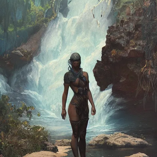 Image similar to a full body portrait of a beautiful teen post apocalyptic offworld neoicelandic biofarmer swimming by the waterfalls, intricate, elegant, highly detailed, digital painting, artstation, concept art, smooth, sharp focus, illustration, art by krenz cushart and artem demura and alphonse mucha