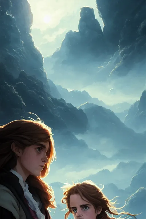 Image similar to Poster artwork, Emma Watson as Hermione Granger, magnificent, medium close up, details, sharp focus, elegant, highly detailed, illustration, by Jordan Grimmer and greg rutkowski and PiNe(パイネ) and 薯子Imoko and 香川悠作 and wlop!! and maya takamura, intricate, beautiful, Trending artstation, pixiv, digital Art
