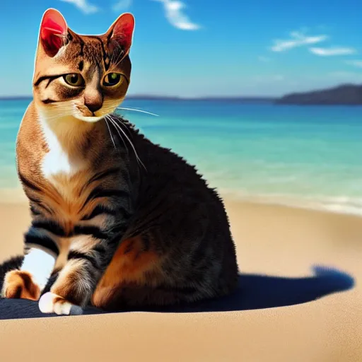 Image similar to realistic photo of an anthropomorphic cat chilling out on the beach and drinking a martini