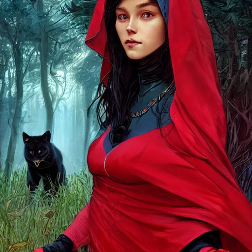 Image similar to Beautiful Portrait of Little Red Riding Hood with a black panther, intricate, wild, highly detailed, digital painting, artstation, concept art, smooth, sharp focus, illustration, art by artgerm and greg rutkowski and alphonse mucha, footage from space camera