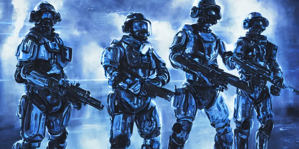 Image similar to A very detailed sketch of two soldiers with blue laser rifles wearing black power armour with blue sprites and full helmets with blue visors, night, fog, a complicated chrome-plated spaceship with blue lights in the background, realistic 4k octane beautifully detailed render, 4k post-processing, highly detailed, intricate complexity, epic composition, magical atmosphere, cinematic lighting, masterpiece, ultra hd