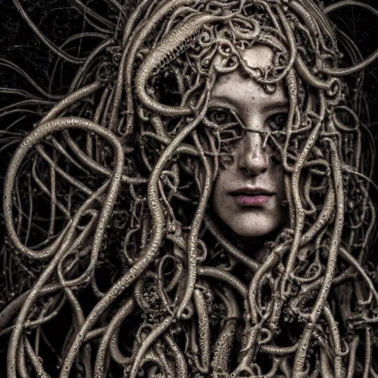 Prompt: ribbed abandoned closeup face portrait of angel, covered with tentacles, roots, wires, tubes, baroque painting, standing in a desolate empty wasteland, creepy, nightmare, dream-like heavy atmosphere, surreal abandoned buildings, beautiful detailed intricate insanely detailed octane render trending on Artstation, 8K artistic photography, photorealistic, chiaroscuro, Raphael, Caravaggio, Beksinski, Giger