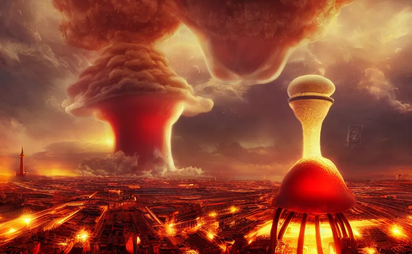 Prompt: nuclear explosion with realistic nuclear mushroom in Red Square Kremlin, intricate, cinematic shot, extremely high detail, photo realistic, cinematic lighting, post processed, artstation, matte painting, smooth, sharp focus, illustration