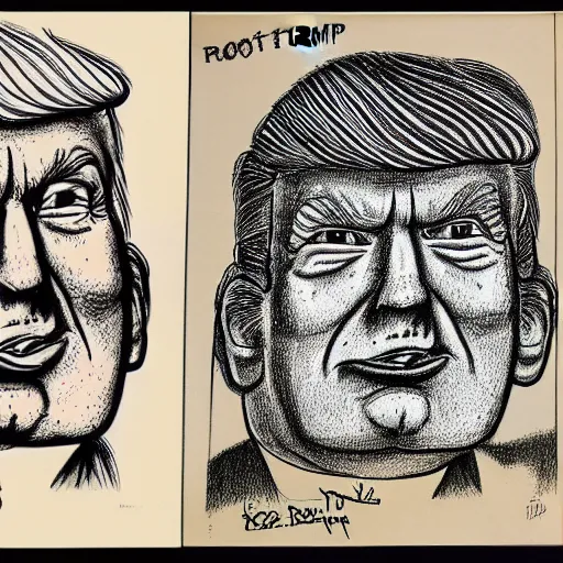 Image similar to a portrait drawing of Donald trump drawn by Robert Crumb