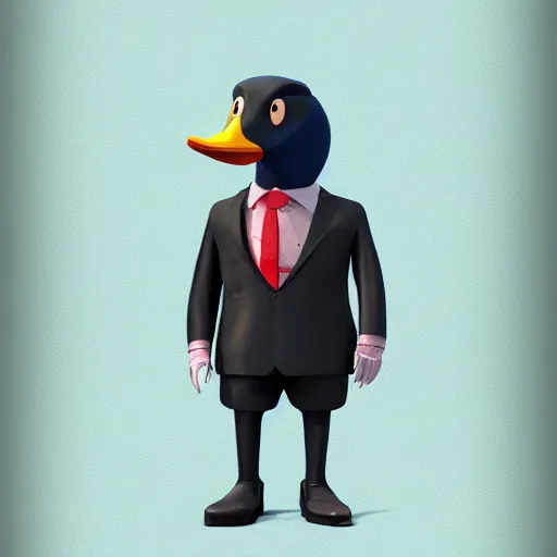 Image similar to a high detail photo of an antropomorphic duck wearing a suit, trending on artstation