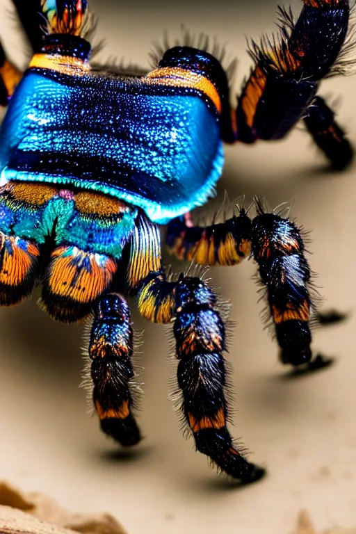 Prompt: high quality macro photo iridescent tarantula! jewelled cute! highly detailed david ligare elson peter cinematic blue lighting high quality low angle hd 8k sharp shallow depth of field