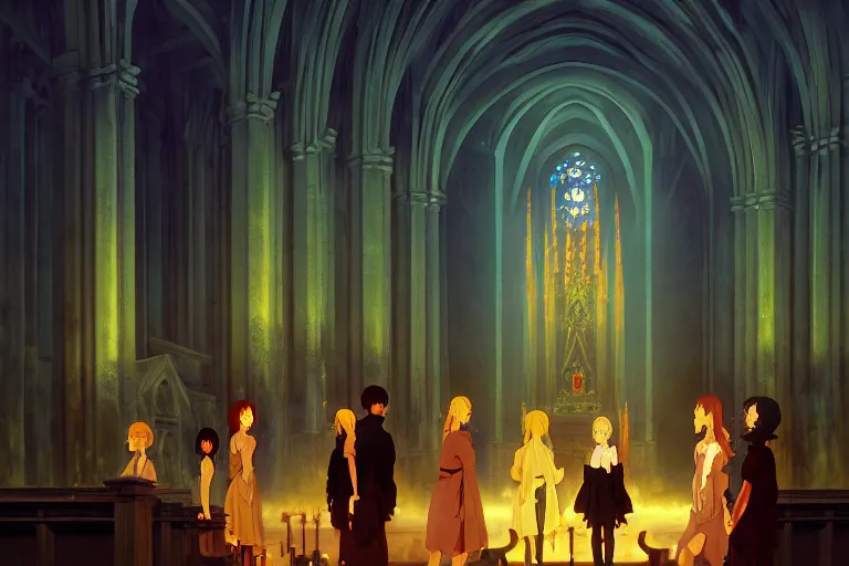 Image similar to baroque oil painting of anime key visual environment concept art of satanic ritual in cathedral, brutalist, dark fantasy, rule of thirds, digital cel shading, fake hidden detail, trending on pixiv fanbox, acrylic palette knife and brush, style of makoto shinkai studio ghibli jamie wyeth james gilleard greg rutkowski