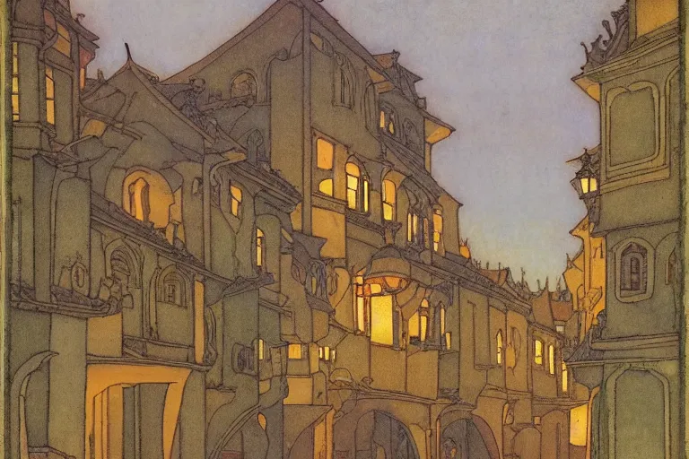 Prompt: winding street at twilight in a very old city by Edmund Dulac and Nicholas Roerich and jean delville, glowing paper lanterns, strong dramatic cinematic lighting , ornate tiled architecture, lost civilizations, smooth, sharp focus, extremely detailed