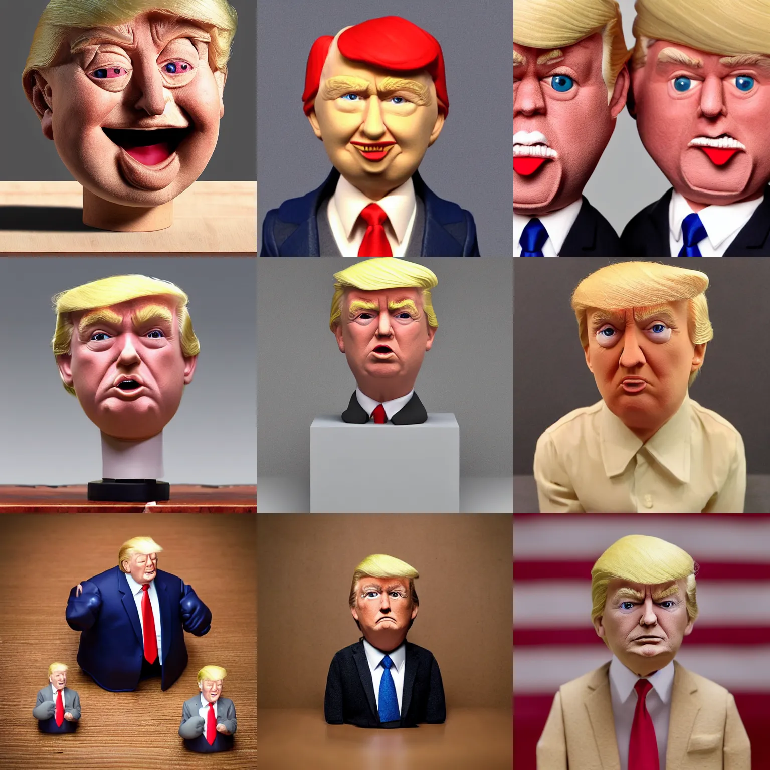 Prompt: extremely realistic!!! smooth specular clay! extremely close smooth specular sculpted headshot of donald trump clay puppet , soft light dull mood, low saturation, on wooden table. style: claymation puppet kids clay ,by will vinton ,by guldies