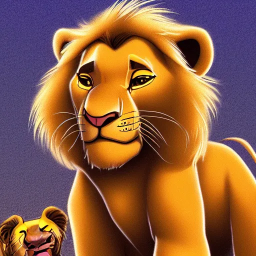 Image similar to a full-height portrait of Simba form the Lion King look like an ordinary boy with beautiful hear and head, wearing jeans and a white T-shirt, digital art style