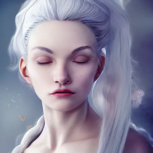 Image similar to a gorgeously defined woman with immensely glowing white hair and [ rose - designed medieval armor ], meditating in tranquility as [ her hair flows ]!!, surrealism art, trending on artstation, portrait!!, intricately detailed