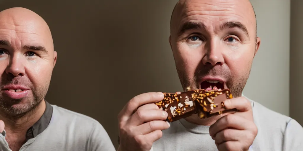 Image similar to 4 k hd, high detail photograph of karl pilkington eating a twix chocolate bar, shot with sigma f 1. 8 sharp lens, wide shot