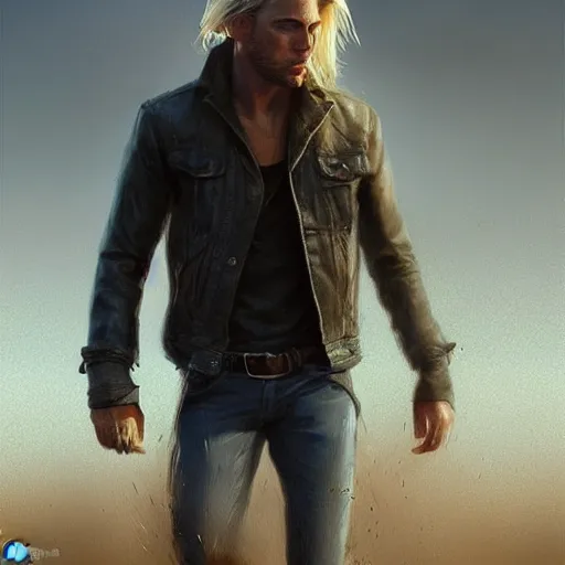 Image similar to hot looking blonde girl wearing jacket, light stubble, digital art, photorealistoc, art by greg rutkowski, hyperdetailed, western comic style, comic, comic style, sharp lineart, professional lighting, deviantart, artstation, trevor henderson, rossdtaws, cinematic, dramatic