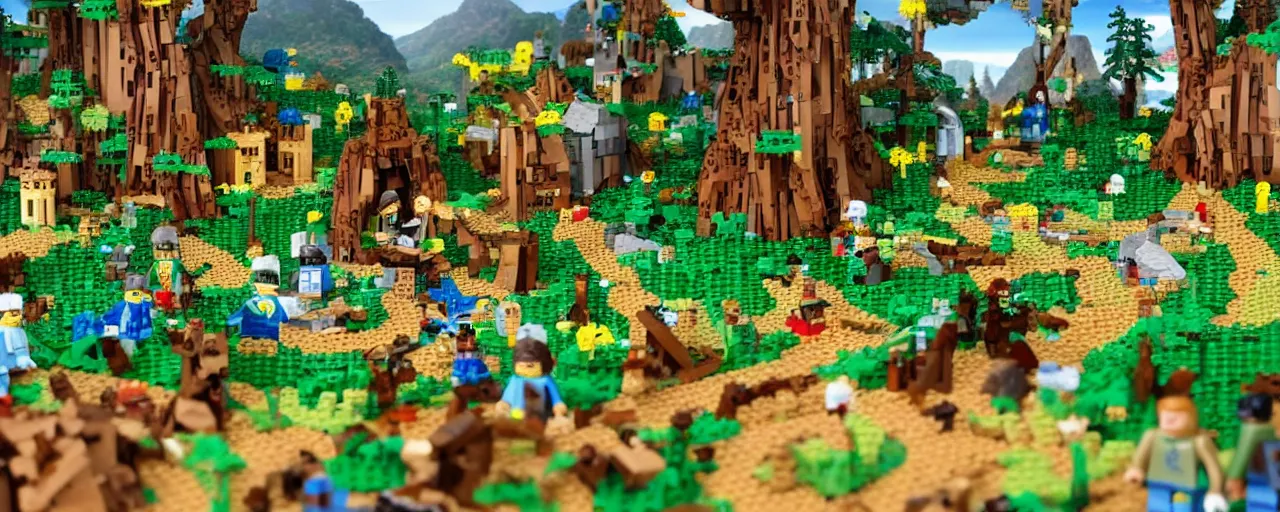 Image similar to Medieval beautiful enchanted landscape with trees, flourishing nature, lakes and waterfalls, made of LEGO, in the style of LEGO