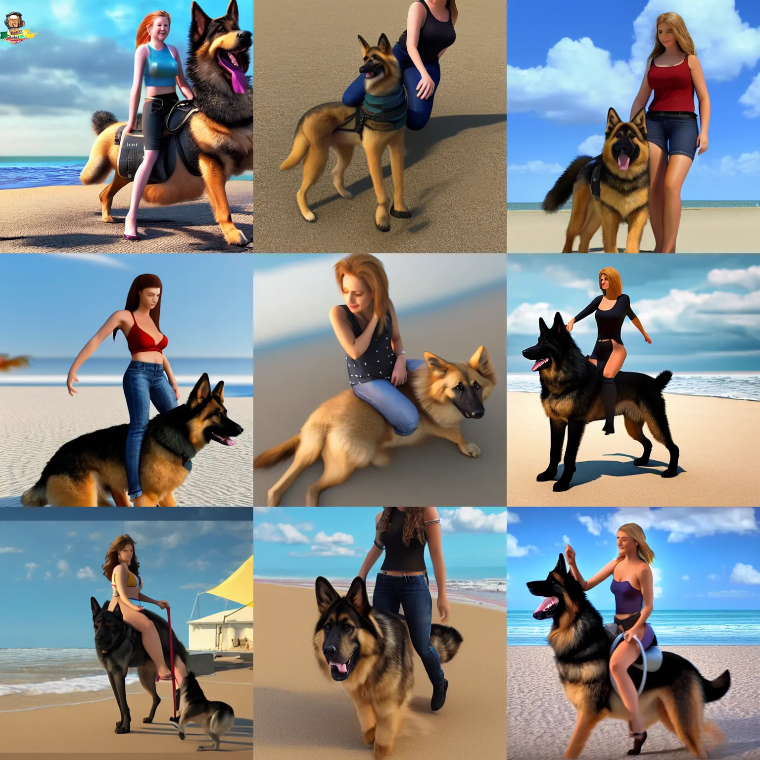 Prompt: girl riding a giant German shepherd at the beach Highly Detailed, Photorealism, HD quality, 8k resolution, cinema 4d, 3D, unreal engine 5, high quality, beautiful, cinematic —ar 16:9