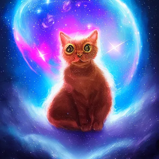 Prompt: cute cat merging with the galaxy by ross tran