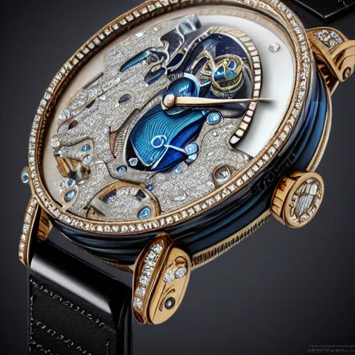 Prompt: a steampunk sleek, jewelled, Saut du Doubs waterfall watch by Jaquet Droz, highly detailed illustration highlights, gold and silver highlights, neon blue highlights, macro photography, F/2.8, trending on artstation, octane render