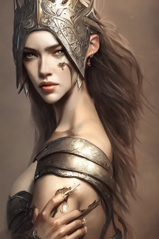 Image similar to three-quarters portrait pose of a beautiful woman, slim body, shining armor, human warrior, fantasy, intricate, elegant, highly detailed, digital painting, artstation, concept art, matte, sharp focus,D&D, illustration, art by Stanley Lau