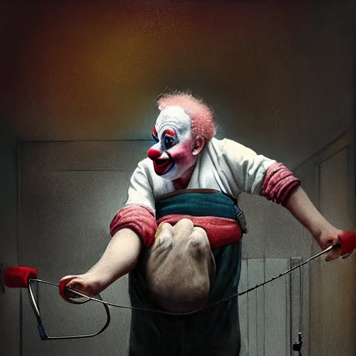 Prompt: elderly clown restrained to hospital bed with wrist restraints attached to hospital bed, greg rutkowski, photograph, 8 k