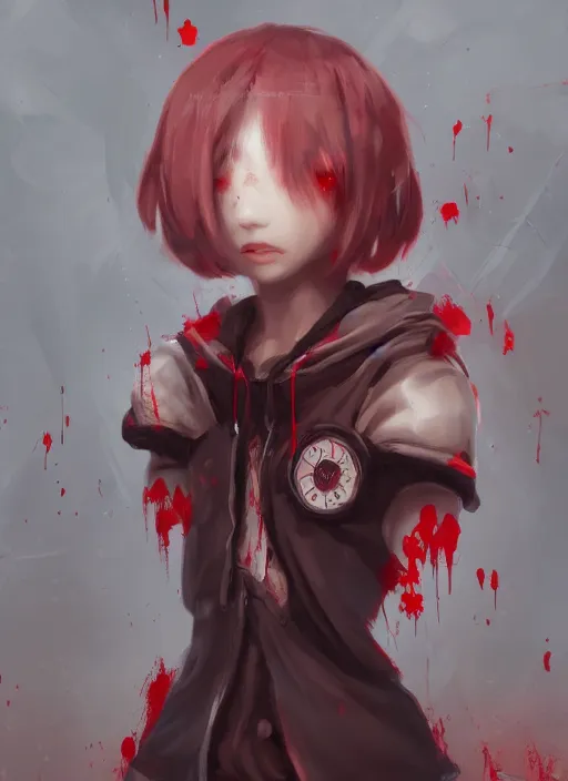 Image similar to a highly detailed illustration of short hair cute japanese girl wearing blood stained hoodie and bandages on legs, bright red eyes, dramatic sadistic berserk pose, intricate, elegant, highly detailed, centered, digital painting, artstation, concept art, smooth, sharp focus, league of legends concept art, WLOP