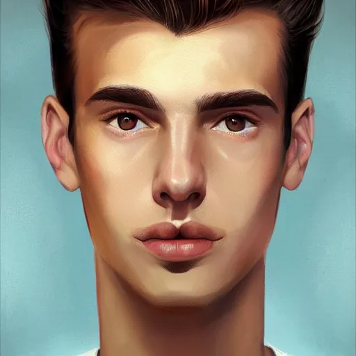 Prompt: man in his twenties with brown blond short quiff hair and thin slightly round facial structure with cleft chin, straight eyebrows, bumpy nose, good definition of cheekbones, Alert brown eyes, narrow face, slim body, atmospheric lighting, painted, intricate, 4k, highly detailed by Charlie Bowater