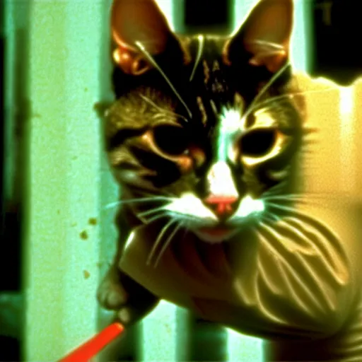 Prompt: a still of a cat in the movie reservoir dogs mr. pink