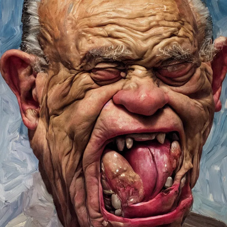 Image similar to warmly lit close up studio portrait of aging angry!! screaming! old George Costanza age 115 wrinkled furious!, impasto oil painting thick brushstrokes by Lucian Freud and Cy Twombly and Tim Hawkinson , trending on artstation dramatic lighting Expressionism