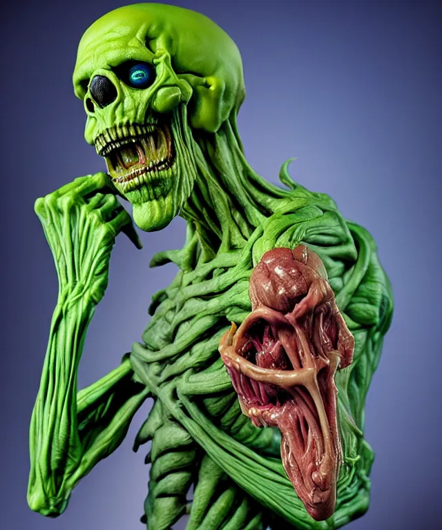 Image similar to hyperrealistic rendering, cronenberg flesh monster skeletor by art of skinner and richard corben and jeff easley, product photography, action figure, sofubi, studio lighting, colored gels