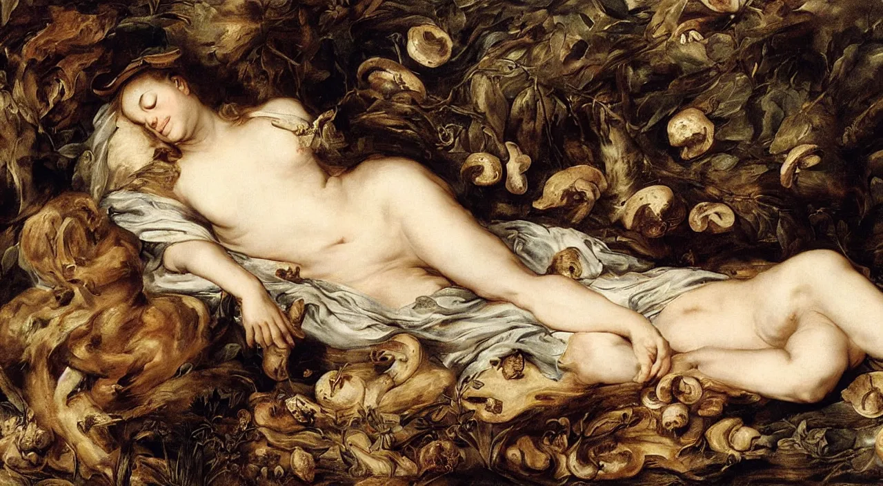 Image similar to pretty sleeping woman with mushrooms as camouflage, by rubens